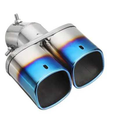 (Blue) Universal Square Double Outlet Half-Grilled Blue Muffler Exhaust Tip End Tail Pipe