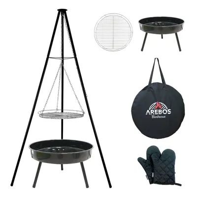 AREBOS BBQ Swivel Grill with Grill Grate and Fire Bowl Charcoal Grill Tripod - black