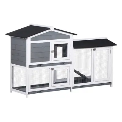 PawHut 2-Tier Wooden Rabbit Hutch Guinea Pig House Pet Cage Outdoor w/ Tray Ramp