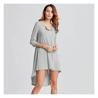 (Light Grey, M) Women Long Tunic Top Basic T-Shirt Button Front O Neck Sleeve Irregular Hem Mini