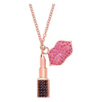 Jewelco London Ladies Rose Gold-Plated Sterling Silver Pink & Black Cubic Zirconia Lipstick Lips