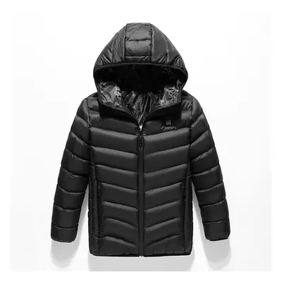 (Black, 130cm) Chilidren Electric Heated Hooded Coat Winter Warm Jacket USB 3s Fast Heating