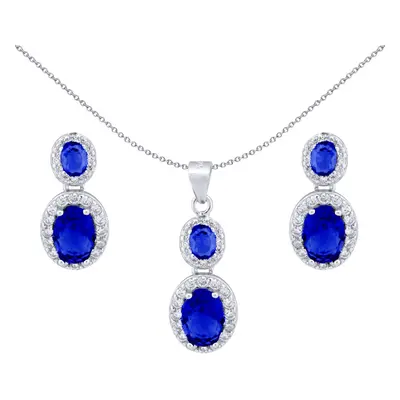 Jewelco London Rhodium Silver Blue Oval CZ Royal Princess Kate Halo Cluster Earrings & Necklace 