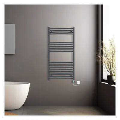 (Anthracite, 1200x600mm) Pre-filled Electric Curved Heated Towel Rail Radiator Thermostatic