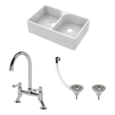 Fireclay Kitchen Bundle - Double Bowl Stepped Weir Butler Sink, Compatible Wastes & Bridge Lever