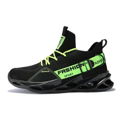 (Black Green, 8) Unisex Sneakers Mesh Breathable Running Light Soft Thick Sole Hole Couple Athle