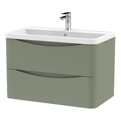 Wall Hung Drawer Vanity Basin Unit with Polymarble Basin, 800mm - Satin Green