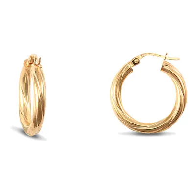 Jewelco London Ladies 14ct Yellow Gold Liqourice Rigatoni Twist 3mm Hoop Earrings 20mm - JER823B