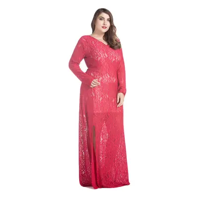 (Red, 7XL) Women Lace Maxi Dress V-Neck Full Sleeve Lined Evening Party Solid Long Plus Size