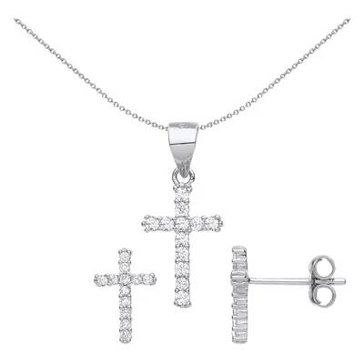 Jewelco London Ladies Rhodium Plated Sterling Silver CZ Dozen Stone Cross Earrings Necklace Set 