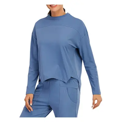 (Blue, S) Women Sweatshirt O-Neck Long Sleeves Asymmetrical Hem Quick-Dry Running Fitness Tops