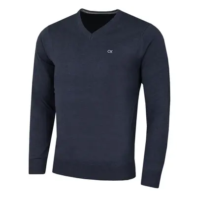 (M, Navy Marl) Calvin Klein Mens V-Neck Soft Cotton Easy Care Sweater