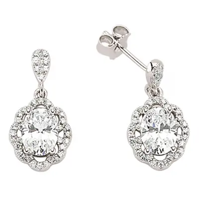 Jewelco London Ladies Sterling Silver Oval Cubic Zirconia Floral Halo Drop Earrings - GVE344