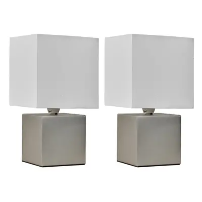 Pair of - Brushed Chrome Cube Design Touch Dimmer Bedside Table Lamps with a White Fabric Light 