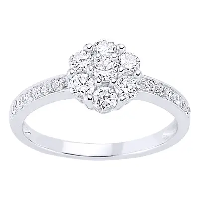 (N) Jewelco London Ladies Rhodium Plated Sterling Silver Cubic Zirconia Cluster Engagement Ring