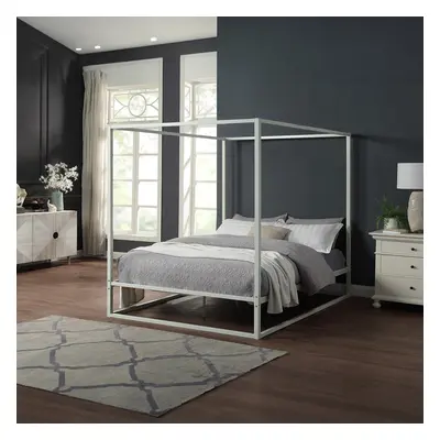 (Double x 190cm, No Mattress) ASHWELL MODERN FOUR POSTER WHITE METAL BED FRAME