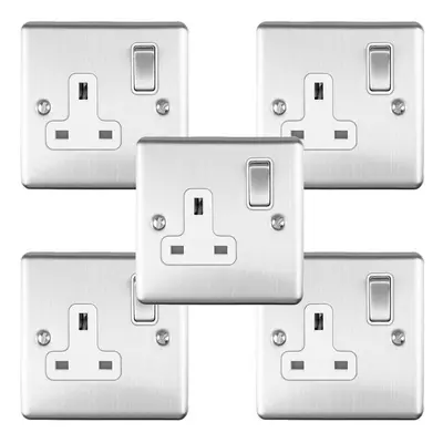 5 PACK Gang Single UK Plug Socket SATIN STEEL 13A Switched White Trim Plate