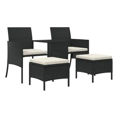 (black) vidaXL Garden Sofa 2-Seater with Table and Stools Patio Sofa Grey Poly Rattan