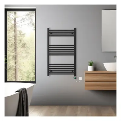 (Black, 1000x600mm) Pre-filled Bathroom Straight Electric Heated Towel Rail Radiator Thermostati