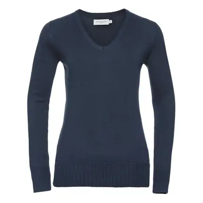 (L, French Navy) Russell Collection Ladies/Womens V-Neck Knitted Pullover Sweatshirt