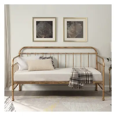 (Brass, No Trundle) Ickleford Industrial Living Room Bedroom Metal Day Bed Frame w Optional Gues