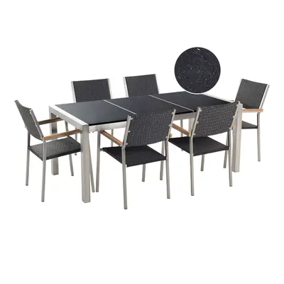 6 Seater Garden Dining Set Black Granite Triple Plate Top with Black Rattan Chairs GROSSETO