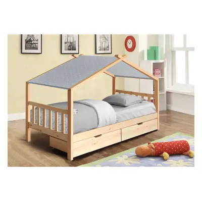 (With Lucy Mattress, With Grey Tent) 3ft Natural Wooden Storage House Bed With Tent and Mattress