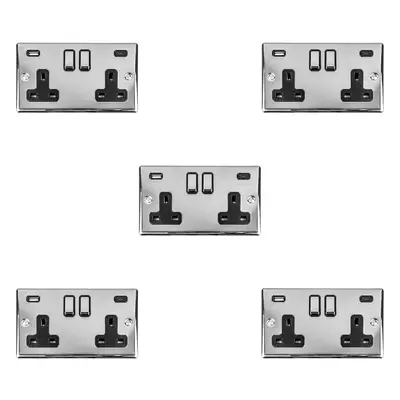 5 PACK Gang Double UK Plug Socket & Dual 3.1A USB-C & A CHROME 13A Switched