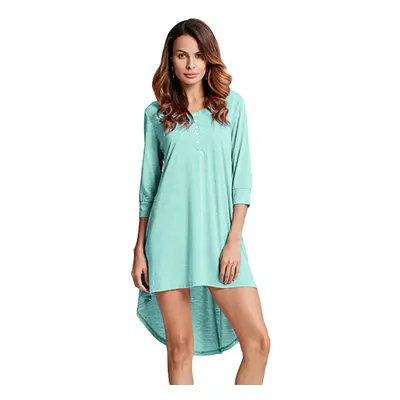 (Green, 2XL) Women Long Tunic Top Basic T-Shirt Button Front O Neck Sleeve Irregular Hem Mini Dr