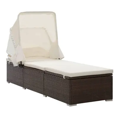 vidaXL Sun Lounger with Canopy and Cushion Poly Rattan Brown Patio Lounge Bed