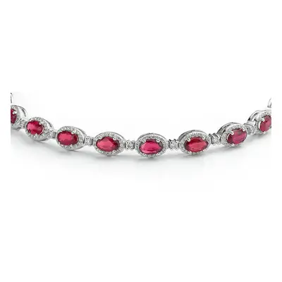 Jewelco London Rhodium Silver Red Oval CZ Alternating Halo Tennis Bracelet - ABB213-7.5