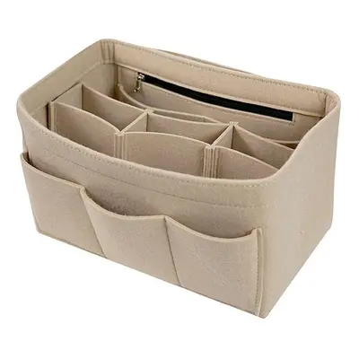 (Beige, L) Felt Insert Bag Multi Pockets Cosmetics Organizer