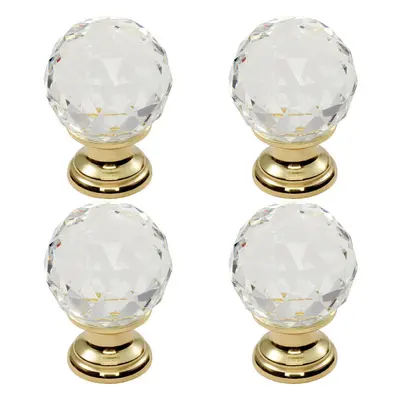 4x Faceted Crystal Cupboard Door Knob 35mm Dia Polished Brass Cabinet Handle