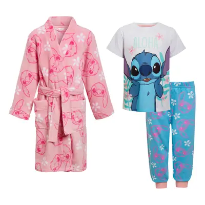 (7-8 Years) Girls Lilo And Stitch Dressing Gown + Pyjamas 3pc Matching Set Red Bathrobe + Pjs