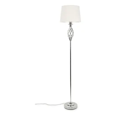 Traditional Silver Chrome Standing Floor Lamp Fabric Shade Light + LED