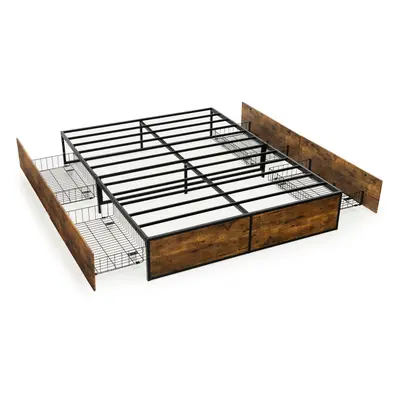 Double Iron Bed Frame with Drawers Wooden Footboard & Reserved Holes