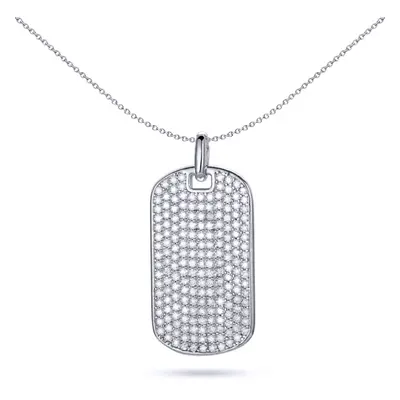 Jewelco London Men's Rhodium Silver Round CZ Encnrusted Rounded Corner Dog Tag Charm Pendant - A