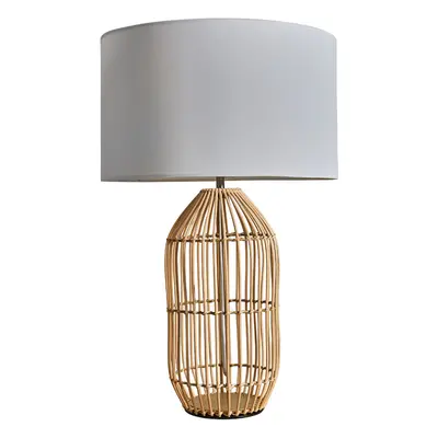 Contemporary Large Natural Rattan Cylinder Table Lamp with a White Cylinder Shade - Complete wit