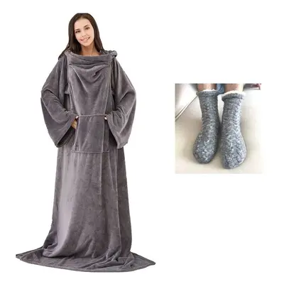 (Grey Robe & Light Grey Socks) Soft Warm Long Coral Fleece Blanket Robe with Sleeves