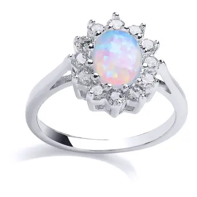 (M) Jewelco London Ladies Rhodium Plated Sterling Silver oval opal Royal Cluster Cluster Ring