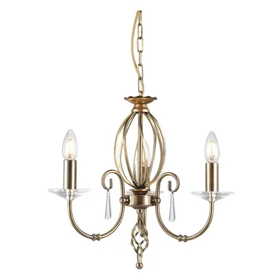 3 Bulb Chandelier Cut Glass Droplets Central Curved Stem Aged Brass LED E14 60W