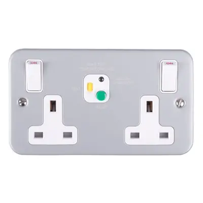 2 Gang Double 13A Swithed UK Plug Socket - 30mA Passive RCD Safety - METAL CLAD