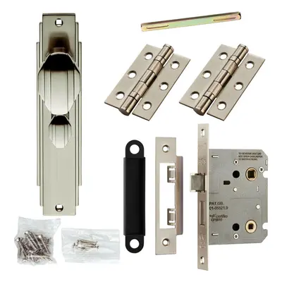 Door Knob & Bathroom Lock Pack Satin Nickel Art Deco Detail Premium Backplate