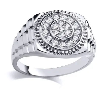 (S) Jewelco London Mens Sterling Silver CZ Round Signet Ring With Watch Strap Design Signet Ring