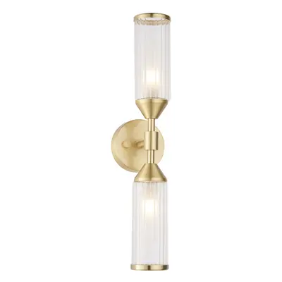 Satin Brass Twin Wall Light & Ribbed Glass Shades - Frosted Glass Inner Defusers