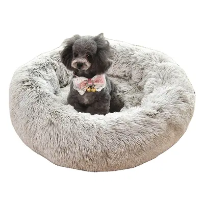 (White, M) Pet Dog Cat Calming Bed Round Warm Soft Plush Sleeping Bed Donut Cushion