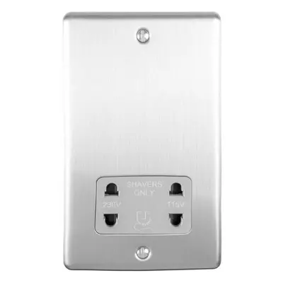 230v & 115v Shaver Twin Socket Wall Plate SATIN STEEL & Grey Trim 86mm x 146mm