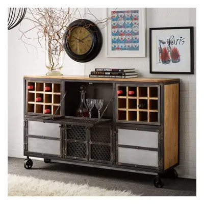 Industrial Distressed Wine Cabinet Sideboard Black Metal Frame Bottle Rack