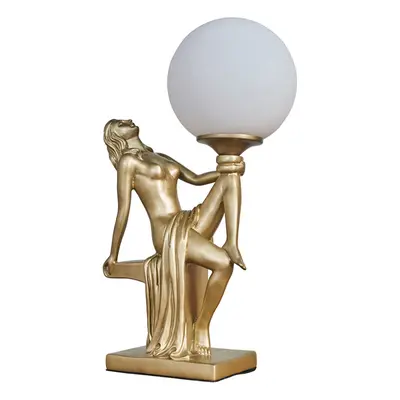 Matt Gold Art Deco Table Lamp with a White Opal Glass Globe Shade