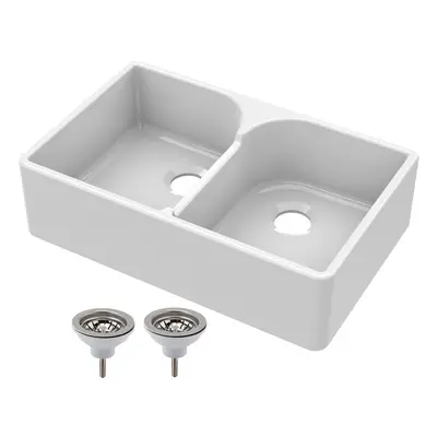 795mm - Double Bowl Fireclay Butler Kitchen Sink - Stepped Weir & Wastes